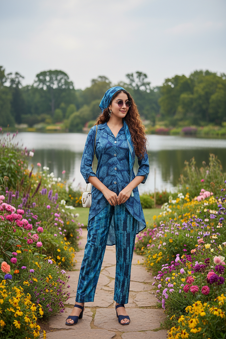 deep teal blue silk co-ord set for travel & day out