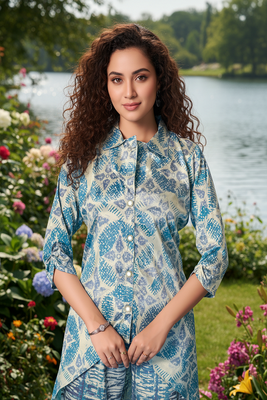 blue printed silk co-ord set for smart casual wear 2