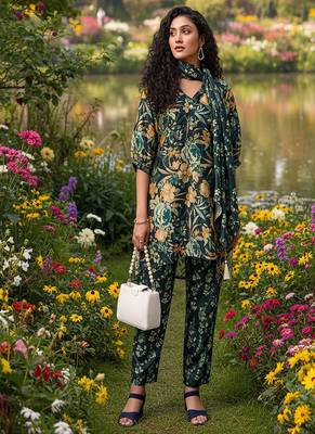 dark green floral printed silk co-ord set 1