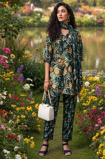 dark green floral printed silk co-ord set