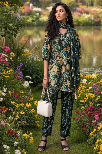 dark green floral printed silk co-ord set