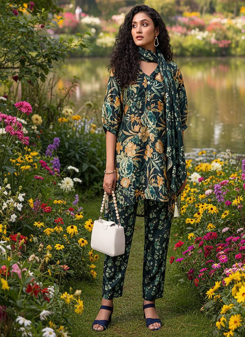 dark green floral printed silk co-ord set