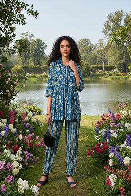 blue printed silk co-ord set for casual & brunch 1