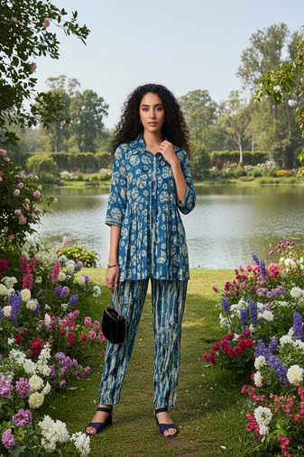 blue printed silk co-ord set for casual & brunch