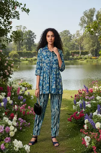 blue printed silk co-ord set for casual & brunch