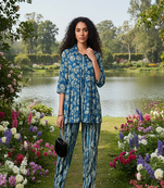 blue printed silk co-ord set for casual & brunch
