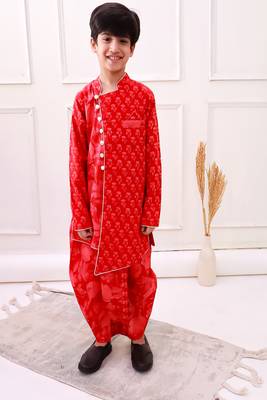 cotton fullsleeves all over printed kurta with dhoti - red  5