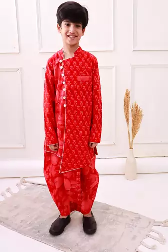 cotton fullsleeves all over printed kurta with dhoti - red 