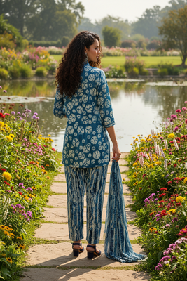blue printed silk co-ord set for casual & brunch 2