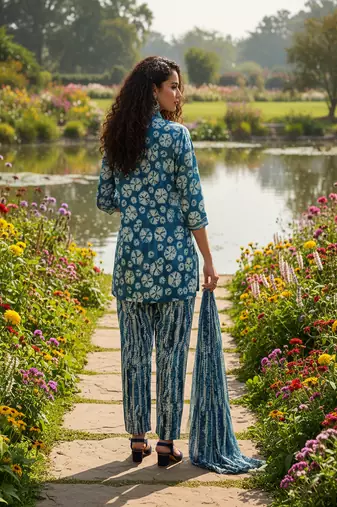 blue printed silk co-ord set for casual & brunch
