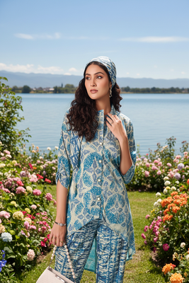 blue printed silk co-ord set for smart casual wear 3
