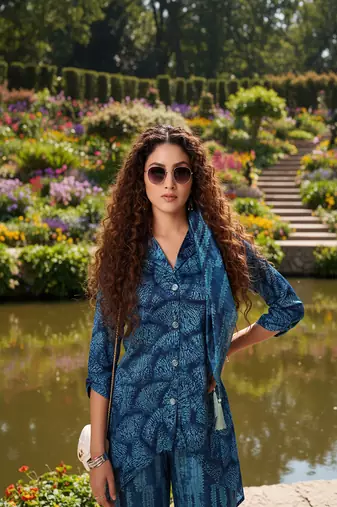 deep teal blue silk co-ord set for travel & day out