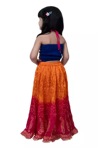 sleeveless embroidered top with crushed lehenga -blue & orange