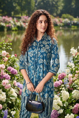 blue printed silk co-ord set for casual & brunch 3