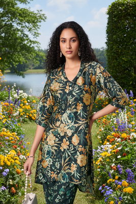 dark green floral printed silk co-ord set 3