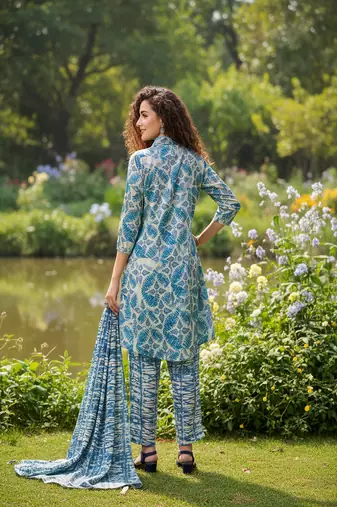 blue printed silk co-ord set for smart casual wear