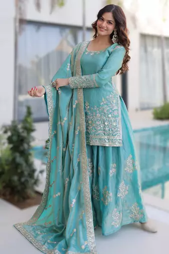 blue ready-made top-sharara-dupatta set