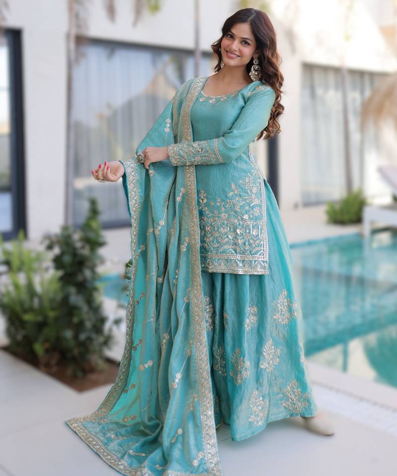 blue designer ready-made top-sharara-dupatta set