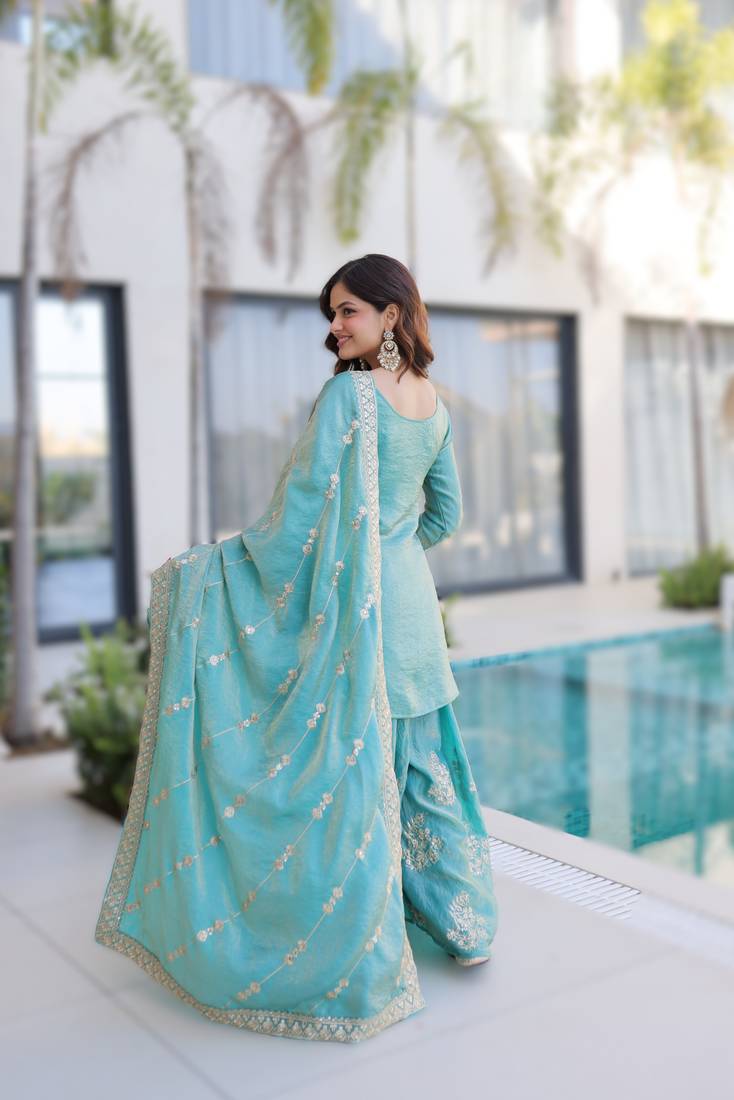 blue designer ready-made top-sharara-dupatta set