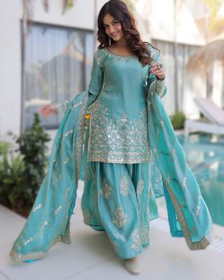 blue ready-made top-sharara-dupatta set 1