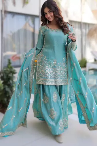 blue designer ready-made top-sharara-dupatta set