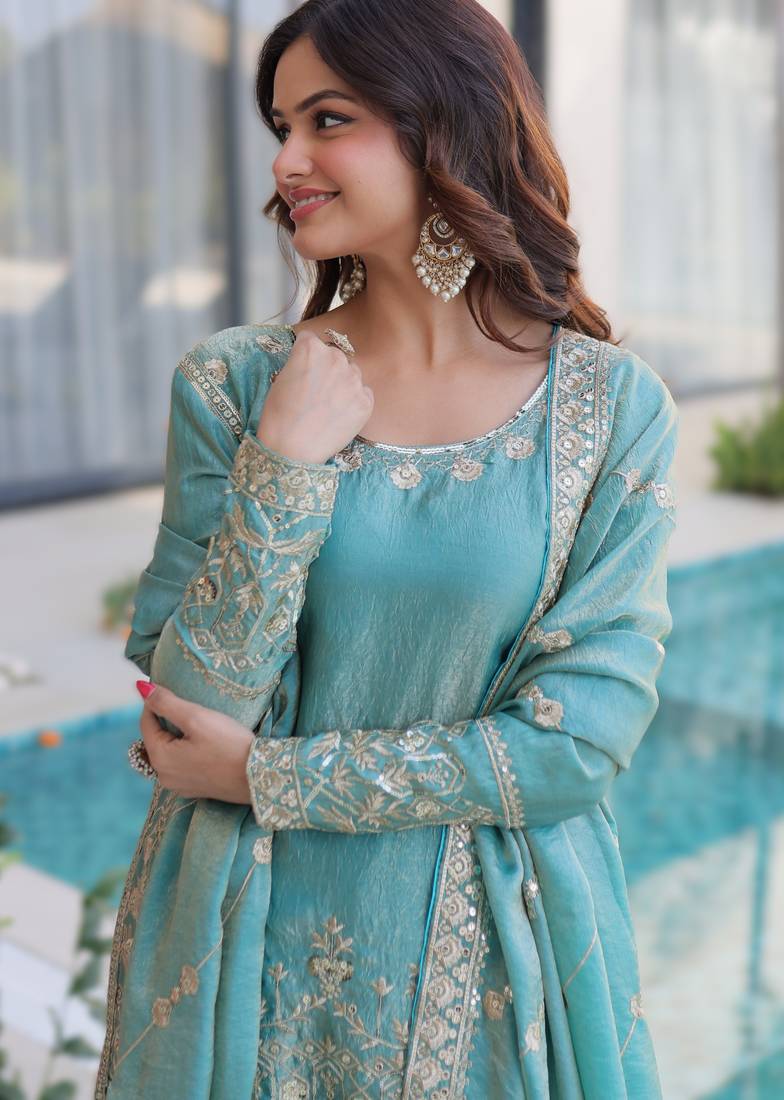 blue designer ready-made top-sharara-dupatta set