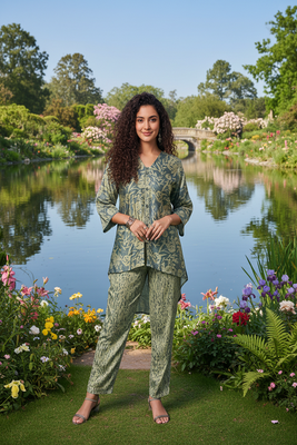 olive green printed silk co-ord set for day outings 4