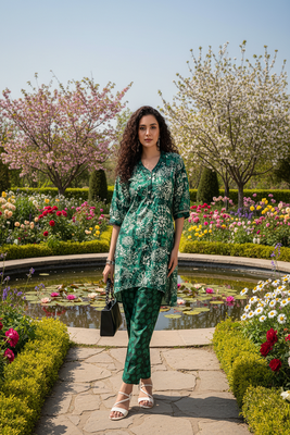 emerald green printed silk co-ord set for daywear 4