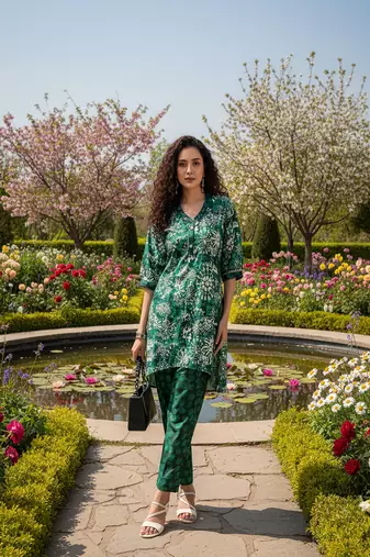 emerald green printed silk co-ord set for daywear