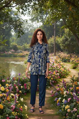 indigo blue printed silk co-ord set for day out 4