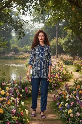 indigo blue printed silk co-ord set for day out