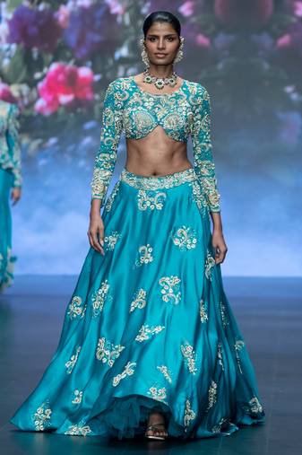 Blue Embroidered Silk Lehenga Set