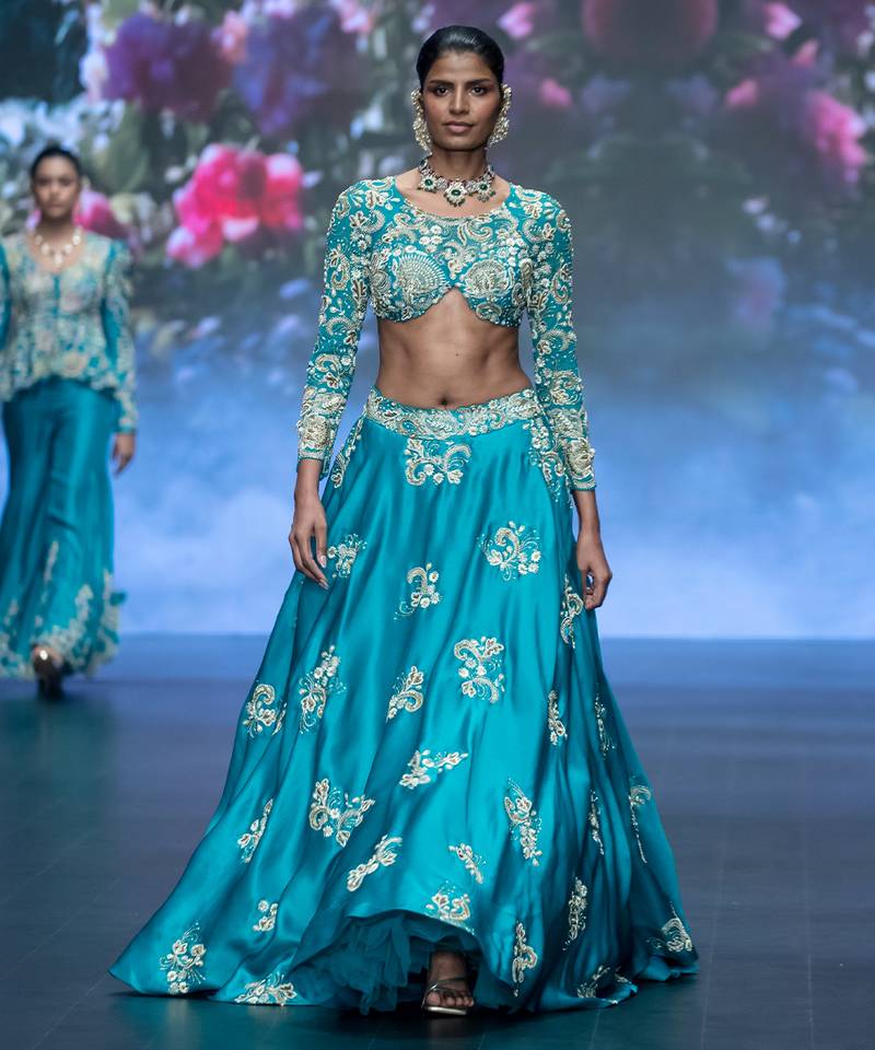 Blue Embroidered Silk Lehenga Set