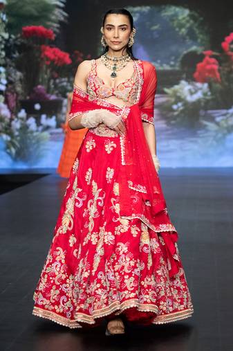 Red Embroidered Silk Lehenga Set