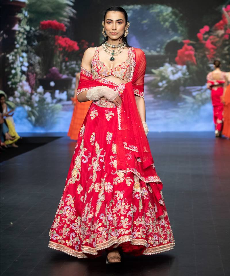 Red Embroidered Silk Lehenga Set