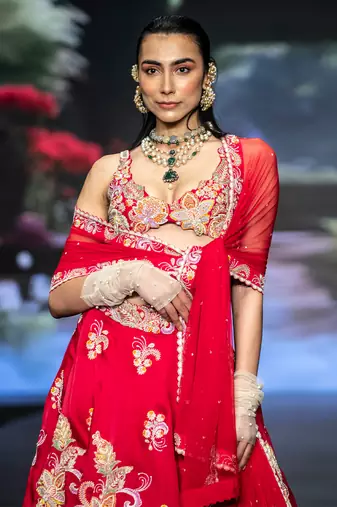 Red Embroidered Silk Lehenga Set