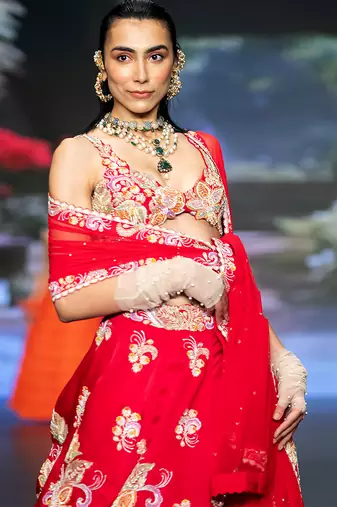 Red Embroidered Silk Lehenga Set