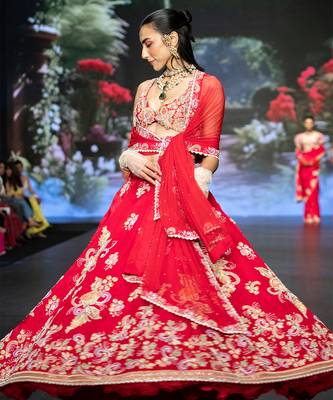 Red Embroidered Silk Lehenga Set 4