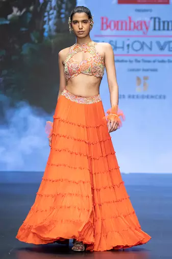 Orange Embroidered Silk Lehenga Set