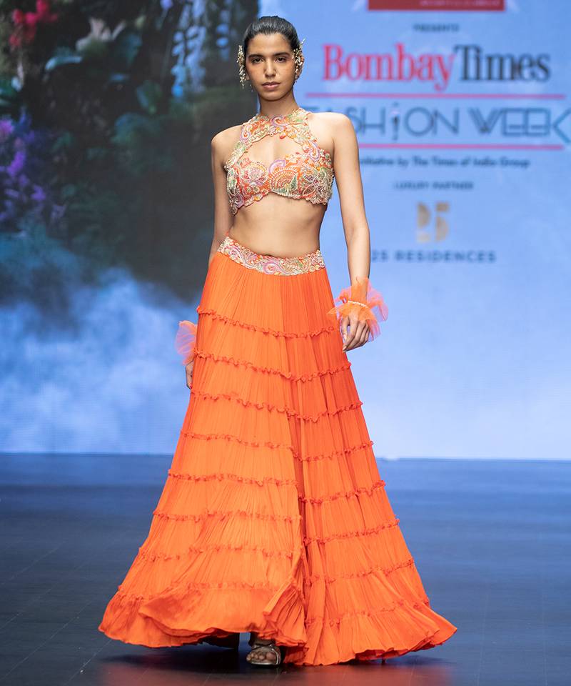 Orange Embroidered Silk Lehenga Set