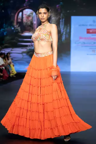 Orange Embroidered Silk Lehenga Set
