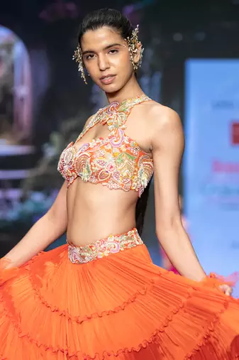 Orange Embroidered Silk Lehenga Set