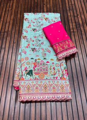 Sky Blue Color Zari Weaving Embroidery Lace Pashmina Silk  Saree  1