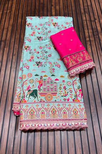 Sky Blue Color Zari Weaving Embroidery Lace Pashmina Silk  Saree 