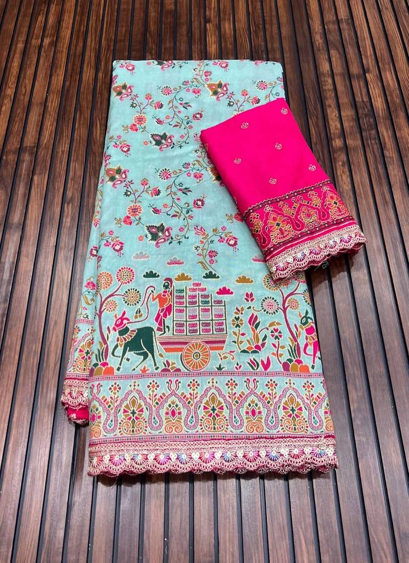 Sky Blue Color Zari Weaving Embroidery Lace Pashmina Silk  Saree 