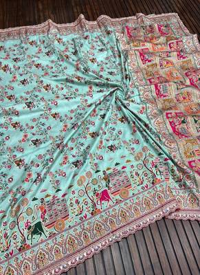 Sky Blue Color Zari Weaving Embroidery Lace Pashmina Silk  Saree  2