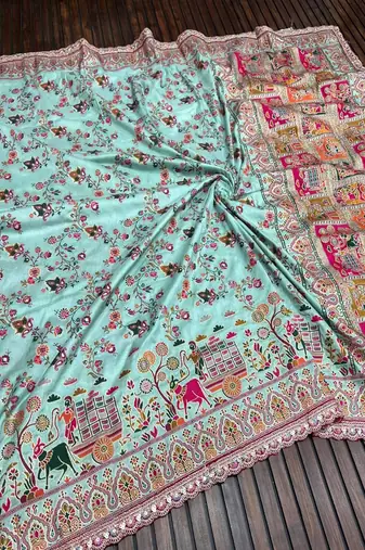 Sky Blue Color Zari Weaving Embroidery Lace Pashmina Silk  Saree 