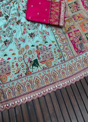 Sky Blue Color Zari Weaving Embroidery Lace Pashmina Silk  Saree  3