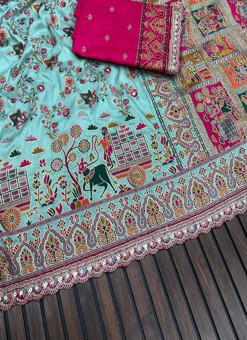 Sky Blue Color Zari Weaving Embroidery Lace Pashmina Silk  Saree 