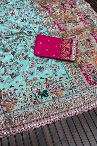 Sky Blue Color Zari Weaving Embroidery Lace Pashmina Silk  Saree 